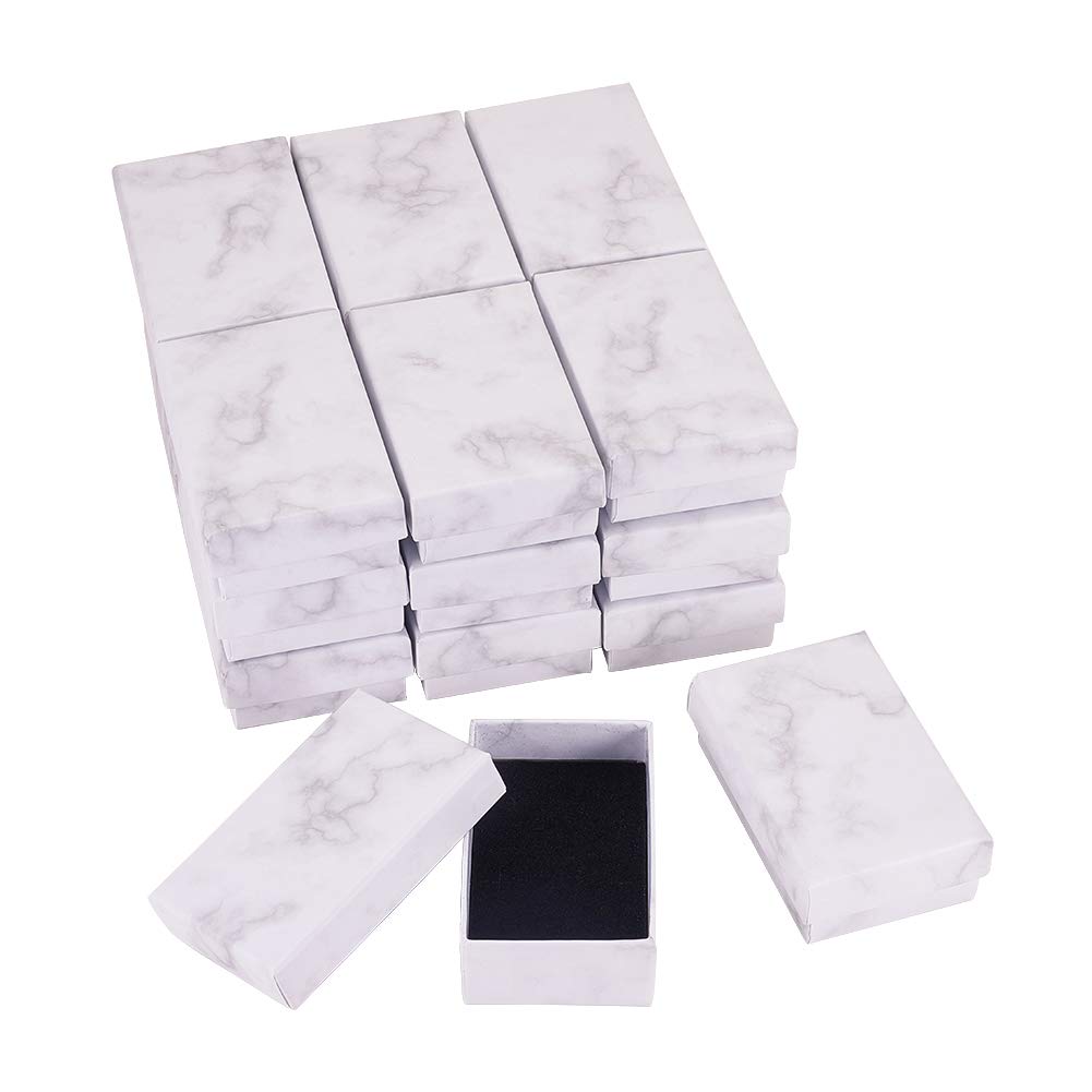 BENECREAT 20 Pack White Marble Effect Rectangle Cardboard Jewellery Pendant Boxes Gift Boxes with Sponge Insert, 5x7.9x2.7cm