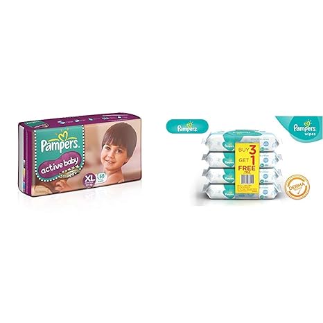 Pampers Active Baby Diapers, Extra Large (56 Count) & Pampers Fresh Clean Baby Wipes - 64 Wipes/Pack (Buy 3 Packs Get 1)
