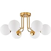 Hoengles Modern Semi Flush Mount Ceiling Light,Gold White Glass Shade Semi Ceiling Light 6-Light,Sputnik Chandeliers for Bedr