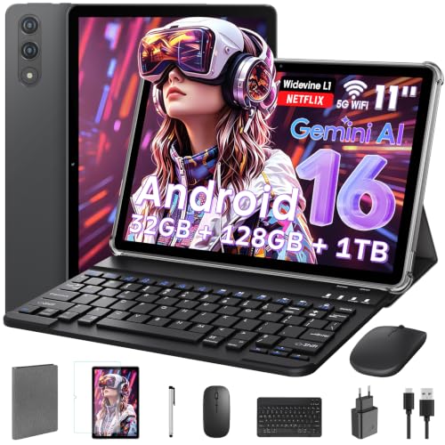 11 Inch Tablet with Keyboard, Android 16 with Gemini AI, 32GB RAM + 128GB ROM (1TB TF), 1920 x 1200 FHD 90Hz Display, Unisoc T7250 Octa-Core, 8MP + 16MP Dual Camera, Face ID, Widevine L1, 8000 mAh