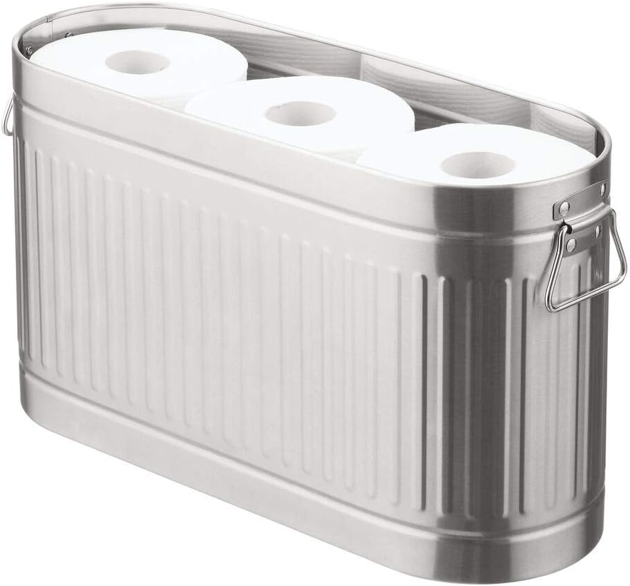 mDesign Retro Vintage Farmhouse Decorative Metal Toilet Paper Holder Stand with Large Capacity Storage for 6 Rolls of Toilet Tissue - Container for Bathroom/Powder Rooms - Holds Mega Rolls - Brushed: Home & Kitchen