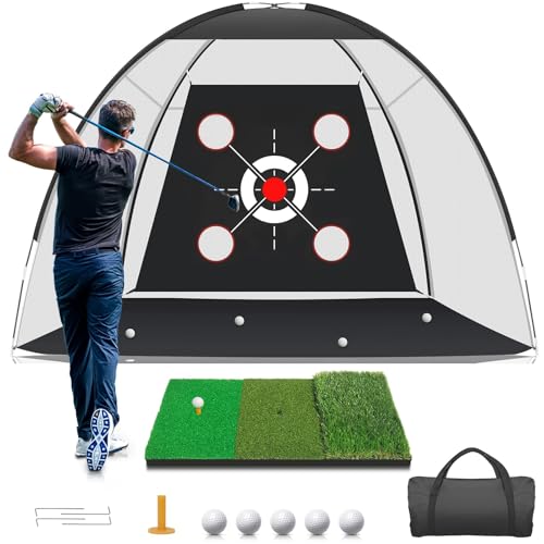Golf Net with Practice Mat – 10x7FT Golf Hitting Net & Simulator for Home, Indoor/Outdoor Chipping and Driving Practice Set with Target, Balls – Great Gift for Men, Dad, Golfers