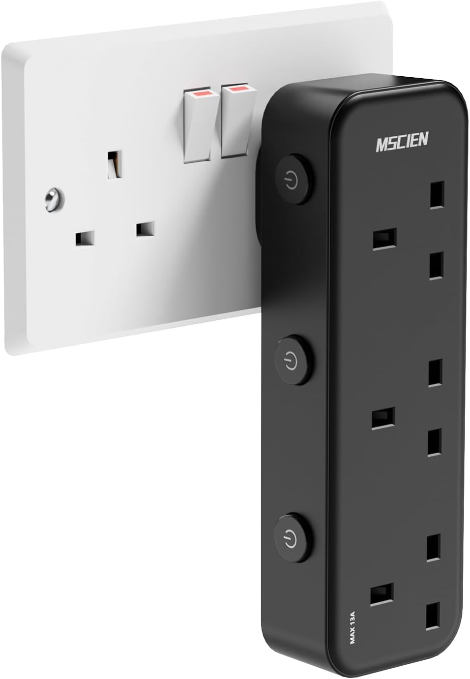 Mscien 3 Way Plug Adapter Individually Switched Black Socket Extender