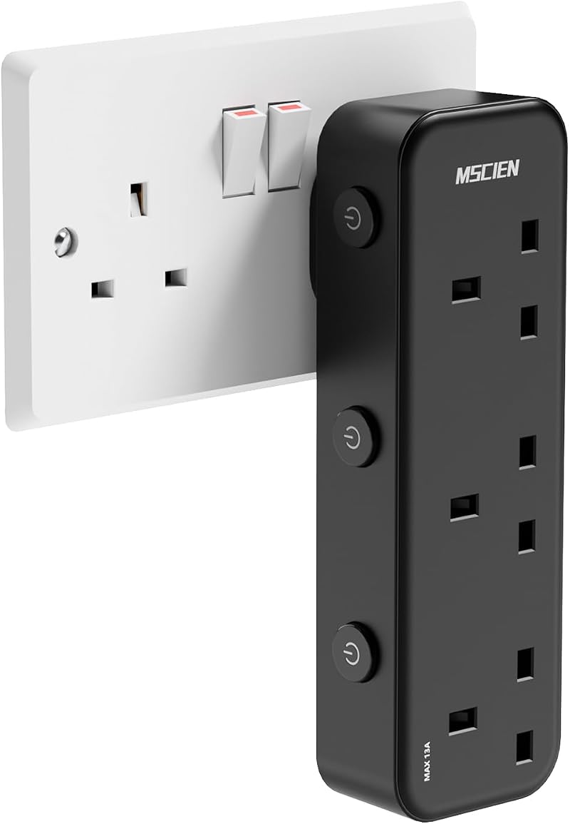 Mscien 3 Way Plug Adapter Individually Switched Black Socket Extender