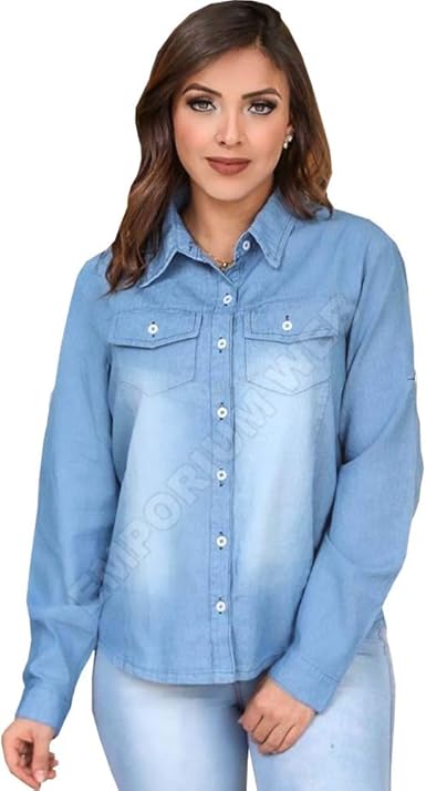camisa jeans longa feminina