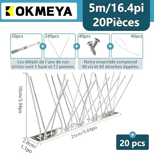 KOKMEYA Stainless Steel Anti Pigeon Spikes (5 m, 20 pcs to 25 cm) - Bird Repellent Kit 304 with 40 Screws & 40 Collars - for Balcony, Gutter, Roof & Window - Against Crows