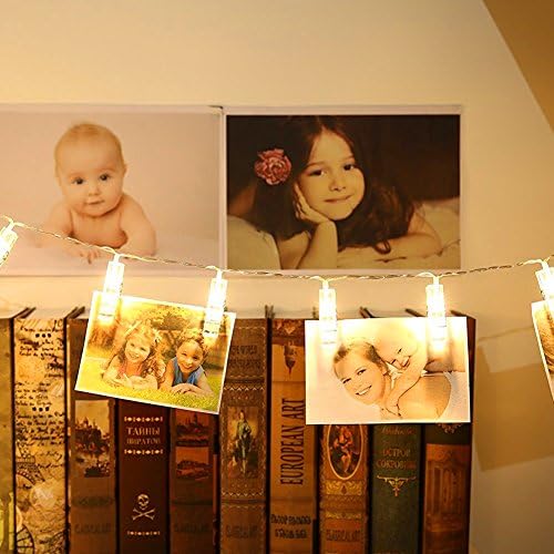 LED Clips String Lights Battery Operated 7.2 Ft Rope Fairy Twinkle Lights with 20 Photo Clips for Hanging Pictures Photos Artwork Cards Paintings for Wall Wedding Party Christmas Home Decor Warm White