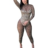 Sexy Leopard See-Through Mesh Jumpsuit for Women – Long-Sleeved Slimming One-Piece Party Outfit with Lace-Up Back