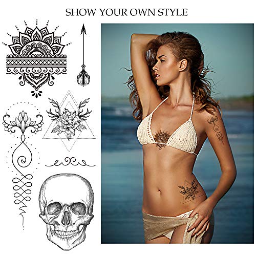 Temporary Tattoos Body Art Stickers - 100 Unique Black Fashion Various Designs Words Qoutes Marks Temp Tats Fake Waterproof Removable Stickers Party Vacation Tatts Flowers Skull Symbol 9 Sheets