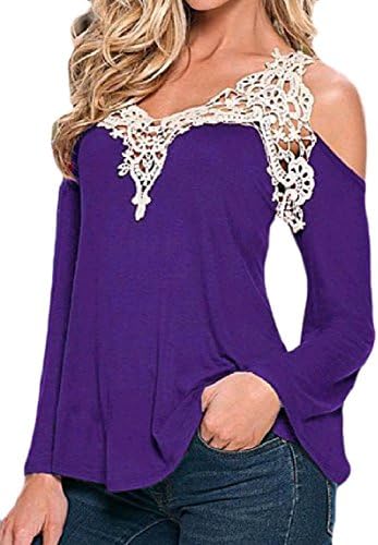 QueenHandsWomen All-Match Relaxed Off Shoulder Lace Patchwork Hollow Out Sling Tunic Top Tees Blouse Purple M