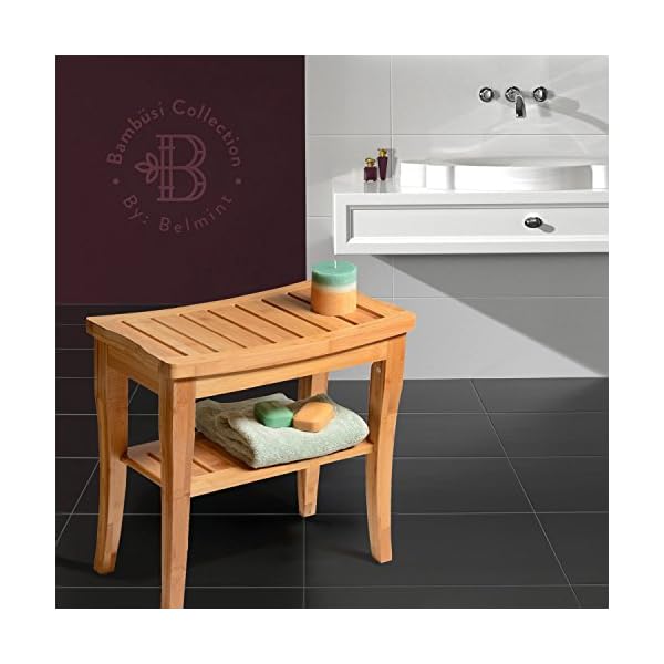 Bambusi Shower Bench Stool with Shelf - Bamboo Spa Bathroom Decor