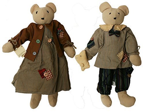 Rag Doll Bear Couple 14 Inches, Girl with Brown Blazer and Striped Summer Dress, Boy in Gray Striped Dress Shirt with Matching Pants and Bow Tie by Joiner Co.