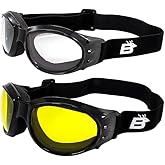 Birdz Eyewear Bald Eagles Motorcycle Safety Goggles 2 Pairs Gloss Black Frame w/Clear & Yellow Lenses