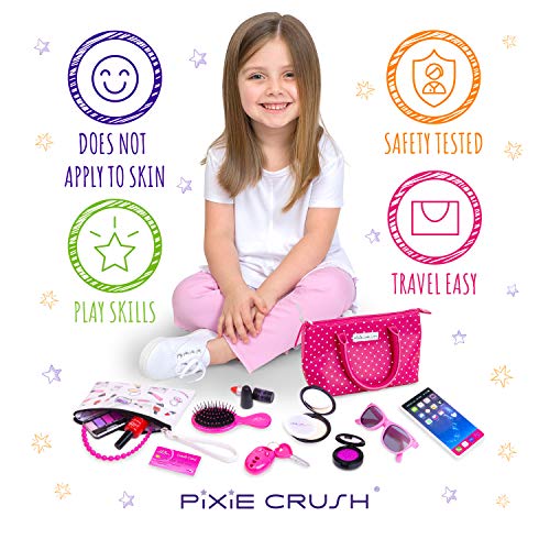 PixieCrush Deluxe Pretend Play Kid Purse Set for Girls with Handbag, Pretend Smart Phone, Keys, Pretend Makeup, Lipstick - Interactive & Educational Toy (Pink Polka Dot)