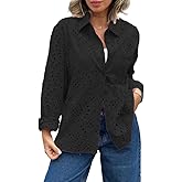 hathne Women's Crochet Embroidery Eyelet Tops Shirt Blouse Boho Long Sleeve Button Front Oversized Blouse(Black,S)