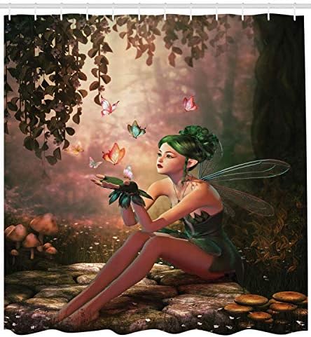 LongTrade Fairy Shower Curtains Girl with Wings and Butterflies Digital Composition Computer Graphics Elven Creature, Fabric Bathroom Decor Set with Hooks, Green Salmon 72x72 inch