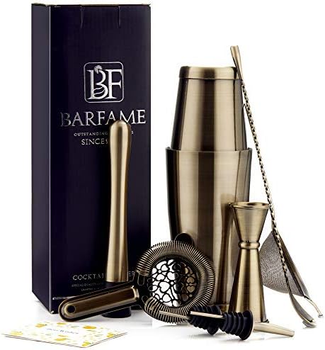 Boston Cocktail Shaker Set 18/8 Stainless Steel Bartender Kit, Including 18oz&28oz Shaker Tins, Double Jigger, 8''Muddler, 2 Liquor Pourers, 12" Mixing Spoon, Cocktail Strainer, Mesh Strainer(Bronze)