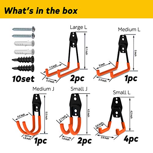 EJG Heavy Duty Steel 10-Pack, Tools Organizer, Garage Storage, Garden Hose Holder, Garage Hooks Hanger, Tools Hanger, Ladder Hooks, Utility Hooks, for Power Tools Bikes Ropes (orange) - Thumbnail 3