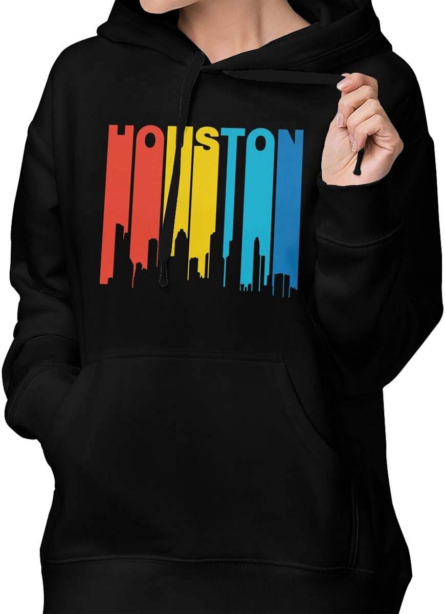 Womens Slim Fit Sweatshirt Hoodie Retro 1970s Style Houston Texas Skyline Coat with Kanga Pocket