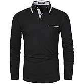 GHYUGR Men's Classic Plaid Splicing Long Sleeve Golf Polo Real Pocket Business Casual T-Shirt
