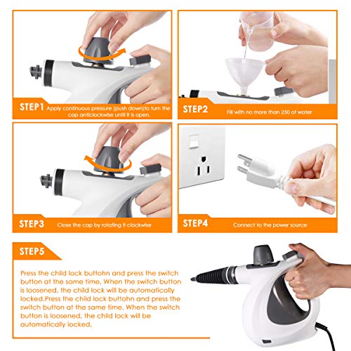 Cakie Upda Handheld Pressurized Cleaner with 9-Piece Accessory Set Purpose and Multi-Surface All Natural, Chemical-Free Steam Cleaning for Home, Auto, Patio, More(New Update), 2019-new
