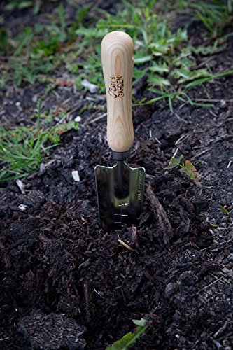 Cate's Garden Garden Transplanter Trowel Premium Transplanter Tool for Digging and Planting - Heavy Duty Stainless Steel, Smooth Vintage Style Natural Ash Wood Handle and Leather Strap