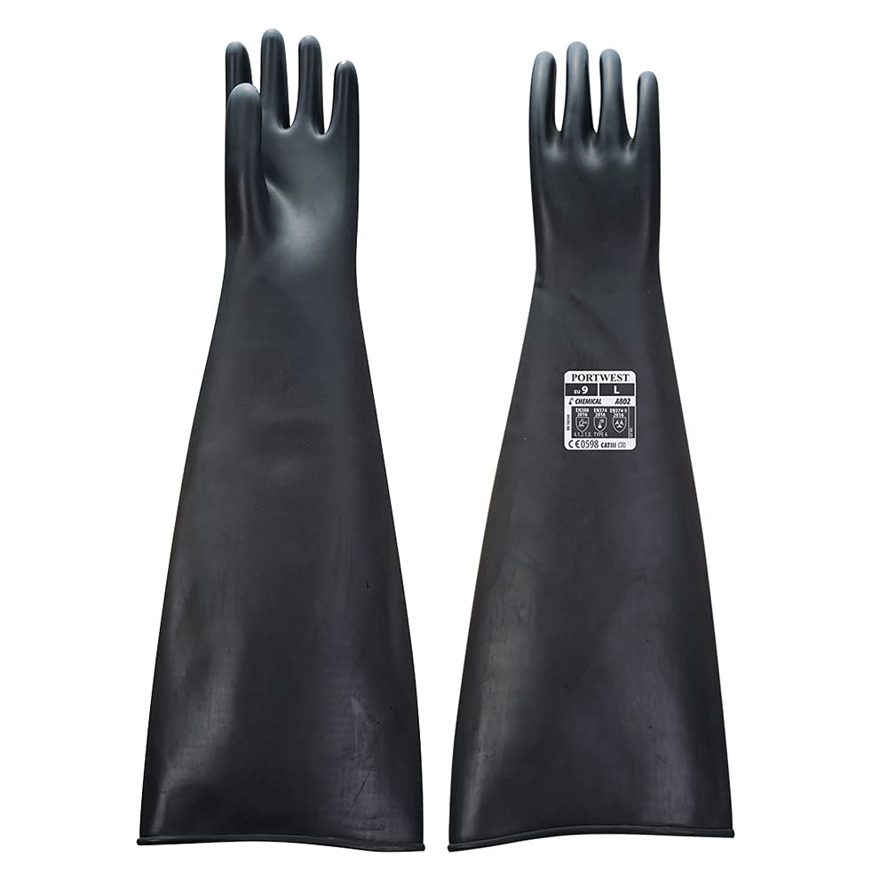 Portwest Heavyweight Latex Rubber Gauntlet 600mm, Size: L, Colour: Black, A803BKRL