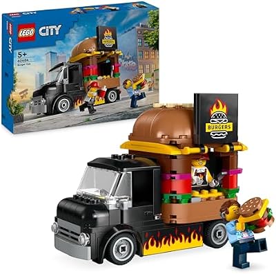 City Burger Van, Food Truck Toy for 5 Plus Year Old Boys & Girls, Vehicle Building Toys, Kitchen Playset with Vendor Minifigure and Accessories, Imaginative Play Gifts for Kids 60404