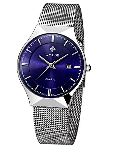 WWOOR Men's Analog Quartz Watch Ultra Thin Dial Date Stainless Steel Mesh Belt Waterproof (Blue)