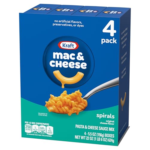 KRAFT SPIRALS MAC AND CHEESE, 4 BOXES, FOR EASY DINNER OR DINNER SIDES, ORIGINAL FLAVOR, NO ARTIFICIAL FLAVORS, PRESERVATIVES OR DYES, 5.5 OZ