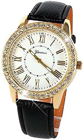 ZLOLIA Bling Gold Crystal Women‘’s Luxury Leather Strap Quartz Wrist Watch New (Black&White)
