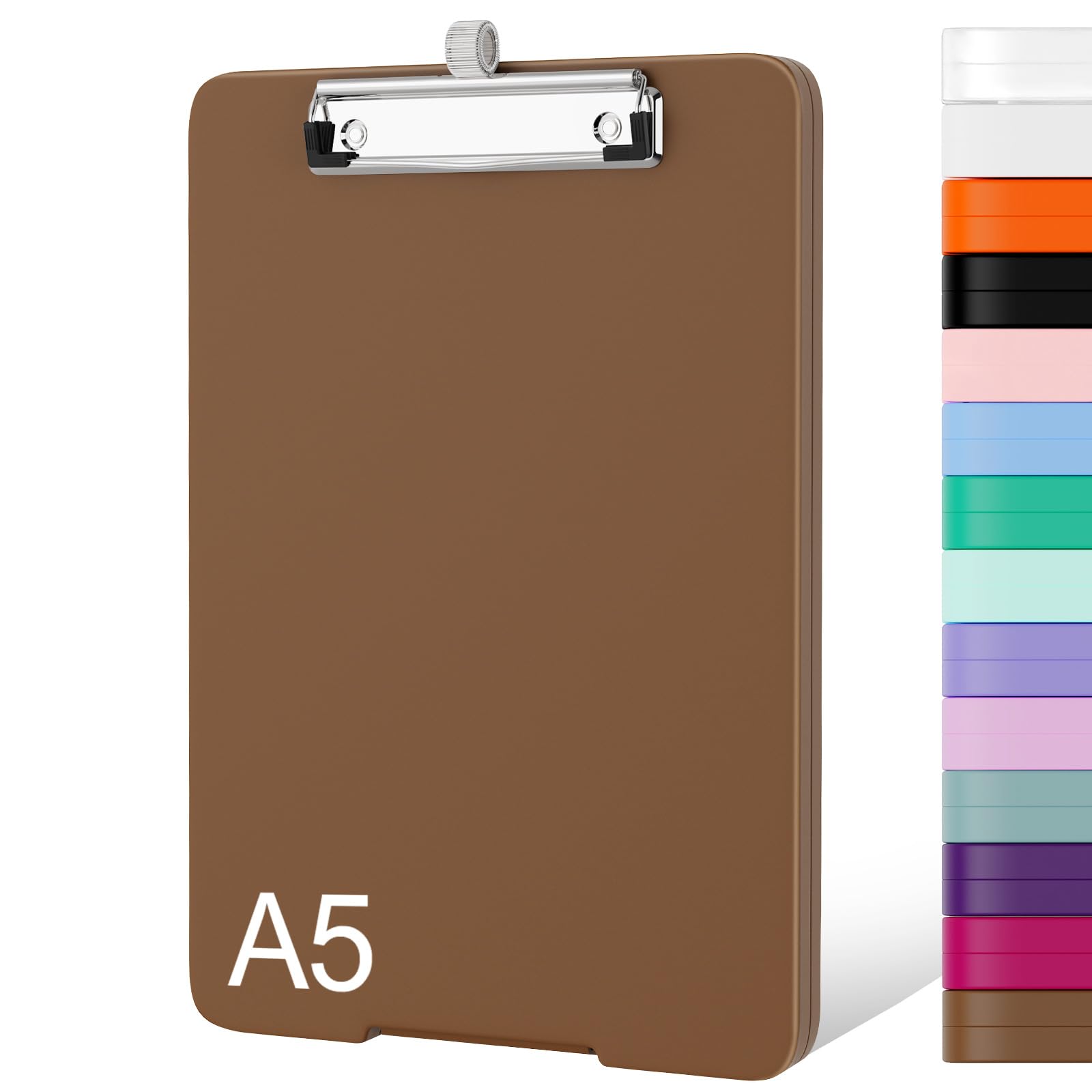 Piasoenc Small Clipboard with Storage, A5 Organization Box with Pen Holder, Plastic Clipboard with Low Profile Clip for Nurses, Teachers, Brown