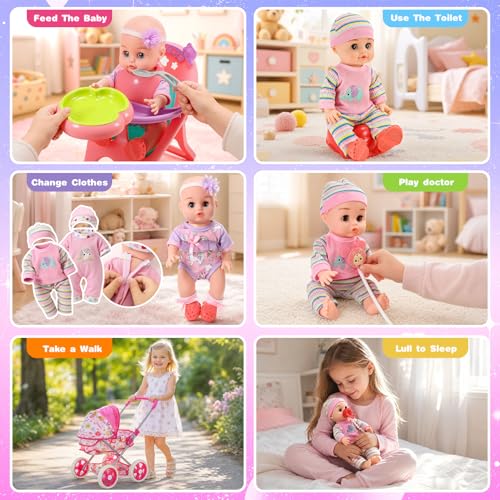 HappyGoLucky Baby Stroller with 28 cm Doll, Clothes and Accessories Dolls Roleplay Girl 3-7 Years Dolls Pram Gift Girl 2-8 Years Toys Child