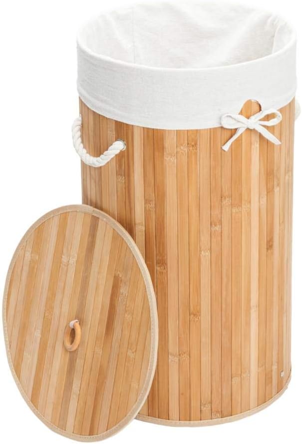 Futureshine Round Laundry Hamper with Lid and Cloth Liner | Bamboo| Easily Transport Laundry Basket | Collapsible Hamper | String Handles