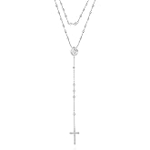 Savlano 925 Sterling Silver 1.5MM Beaded Rosary Miraculous Medallion & Cross Pendant Necklace -18K Gold Plated 19” Inches Y-Necklace Chain for Women, Religious Jewelry Comes with Gift Box - Made in Italy