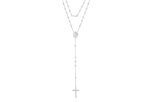 Savlano 925 Sterling Silver 1.5MM Beaded Rosary Miraculous Medallion & Cross Pendant Necklace -18K Gold Plated 19” Inches Y-Necklace Chain for Women, Religious Jewelry Comes with Gift Box - Made in Italy