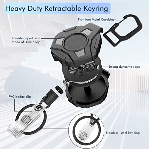 Retractable Keychain, Retractable Lanyard Clip 31.8" Steel Cord, 2 Pack | Extendable Keyring with Clip | Heavy Duty Carabiner Badge Holder, Bearing 10.0 oz, Black