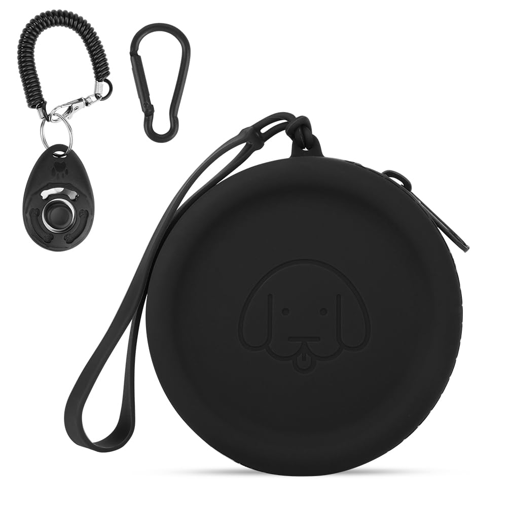 Silicone Dog Treat Pouch Small Bag,with Pet Training Clicker,Walking Bag for Dog and Cat, Pocket Size,Easy to Clean,Odorless,Zipper Design,Moisture-proof,Travel Walking Bag (black)
