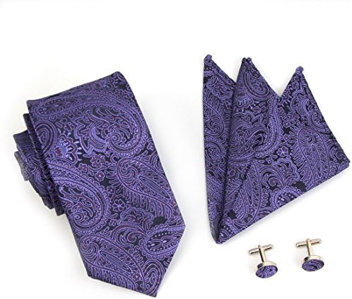 Stylefad Men's Paisley Necktie Set Tie and Pocket Square With Cufflink Dark Purple