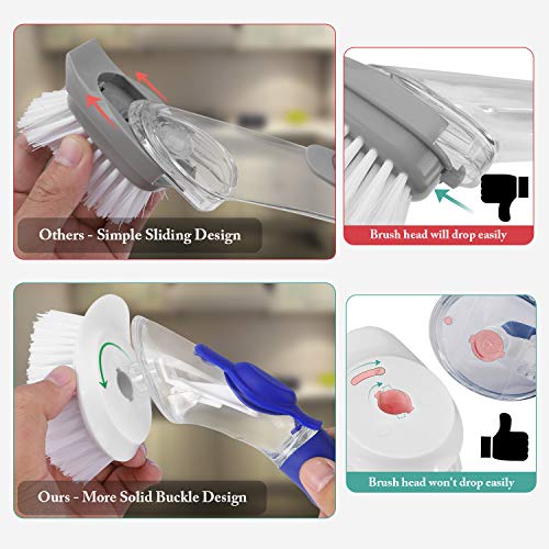 Soap Dispensing Dish Brush, Tearcam Kitchen Dish Cleaning Brush Pot Scrubber Cleaner with Non-slip Handle, Extra 2 Sponge Brush Heads