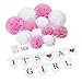 Konsait It's a Girl Decorations, It is a Girl Bunting Banners and Tissue Paper Flower Pom Poms Pink/White (12pcs) Party Decoration Accessory for Baby Shower Birthday Party Room Nursery Decoration