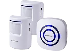BESTOONE Motion Sensor Alarm, Long Range Wireless Driveway Alarm, Indoor Home Security System Electric Doorbells, 2 Motion Detector and 1 Alarm, 38 Chime Tunes, LED Indicator