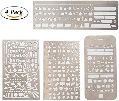 Blinbling Pack of 4 Stainless Steel Drawing Painting Stencils Scale Template Sets Graphics Stencils for Dairy, Journaling, Scrapbooking, Card and Craft Projects