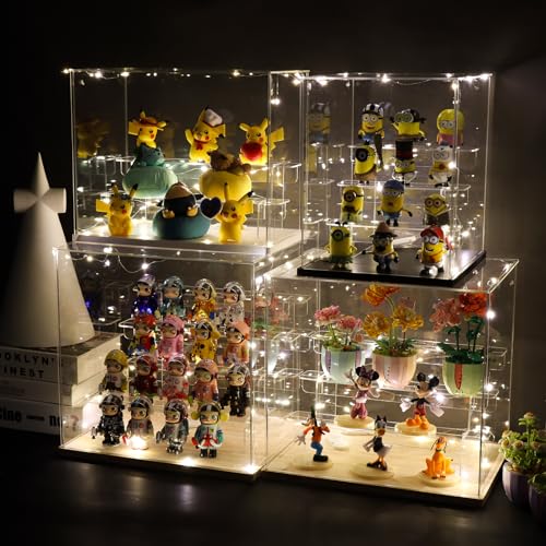 Nynelly 5 Tier Clear Acrylic Display Case for Models, Mini Figures, Pop Mart, Labubu, Sonny Angel, Smiski - Assemble Dustproof Display Box with Door, Display Stand (White Base,Clear Step)