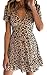 ECOWISH Womens Deep V Neck Floral Leopard Dress Short Sleeve Sexy Ruffles Fashion Mini Dress