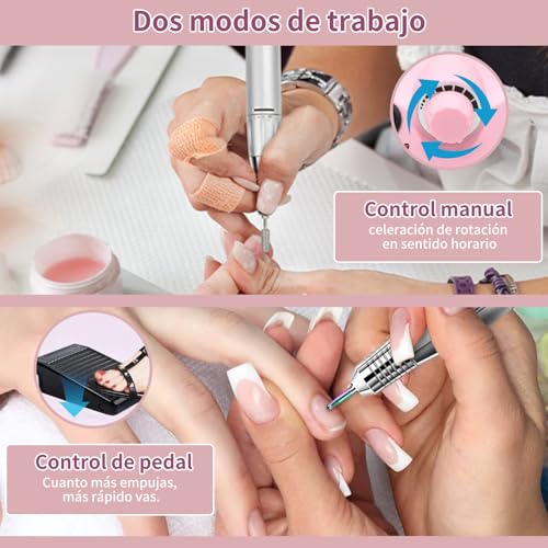 Drill Para uñas Profesional,40000RPM Taladro para Uñas Profesional,Herramienta de Manicura Pulidora con 6 tipos cabezales lijado y bandas lijado,Velocidad Ajustable,para manicura casa y salón.