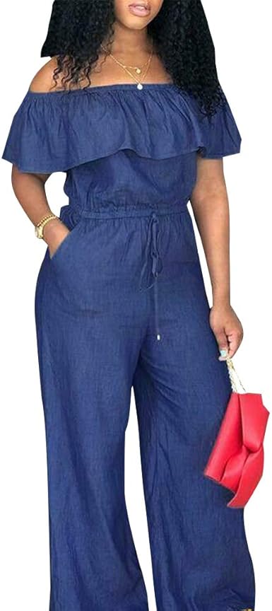 off shoulder denim jumpsuit