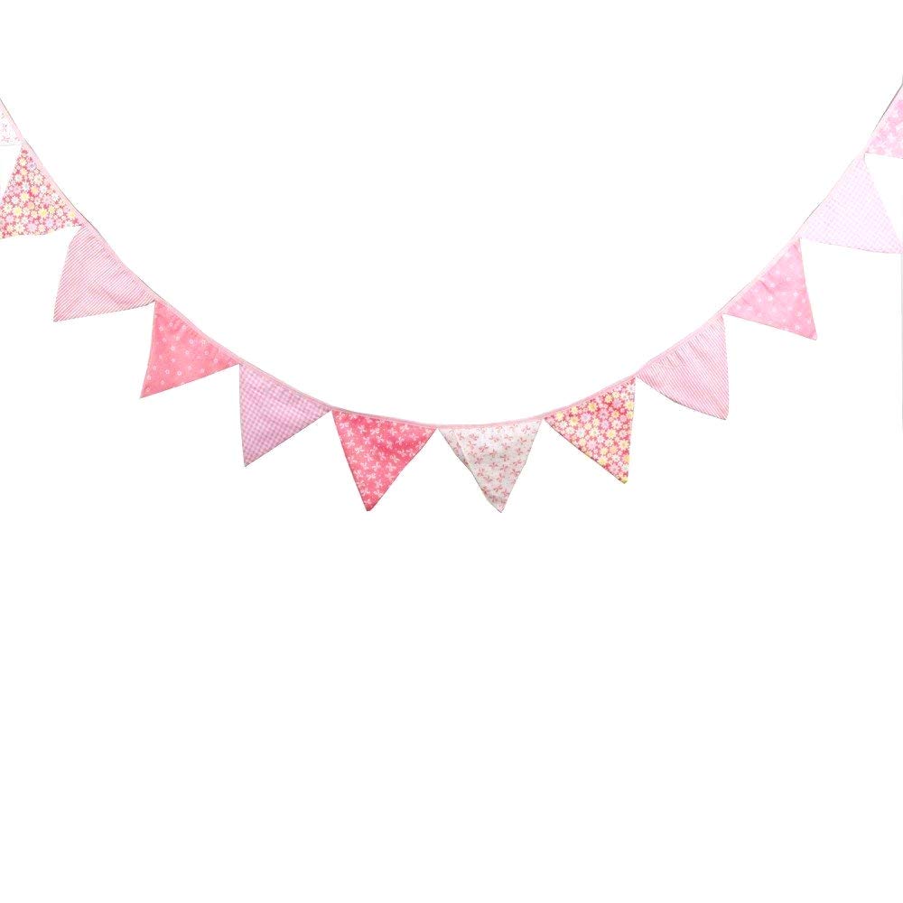 JZK 3.5m 11.5ft Pink Party Bunting Triangle Flag Cloth Banner String Pennant Flags for Girl Birthday Baptism Christening Communion Bedroom Hanging Decoration