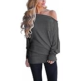 Dressmine Womens Off Cold Shoulder Tops Long Sleeve Asymmetrical Batwing Sweatshirts Blouse Casual Loose Tunics