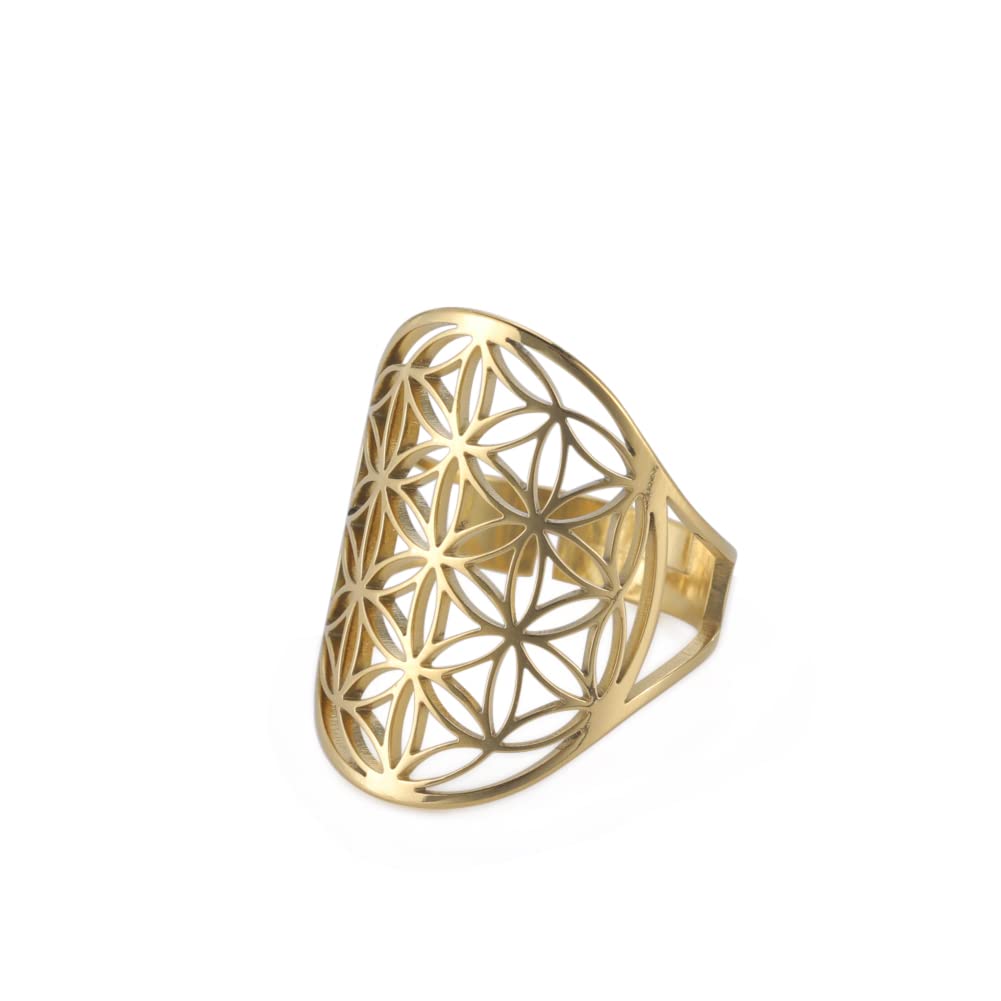 LIKGREAT Flower of Life Ring Adjustable Filigree Flower Ring Band For Women Large Hollow Finger Rings Cosplay Party Jewelry (adjustable, 316, gold tone)